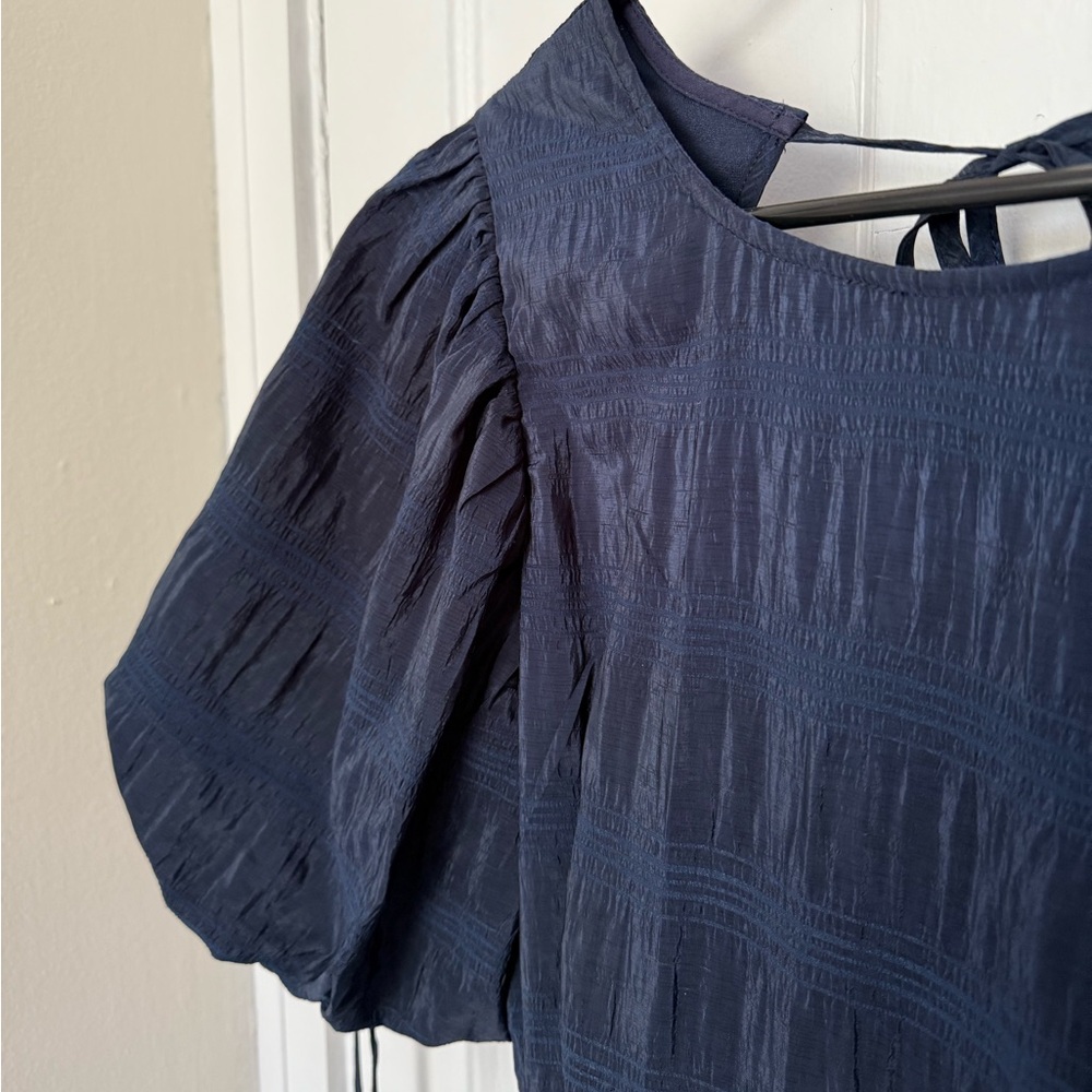 Moon River Puff Sleeve Navy Midi Christmas Holiday Dress With Stripe Texture M - Picture 6 of 7